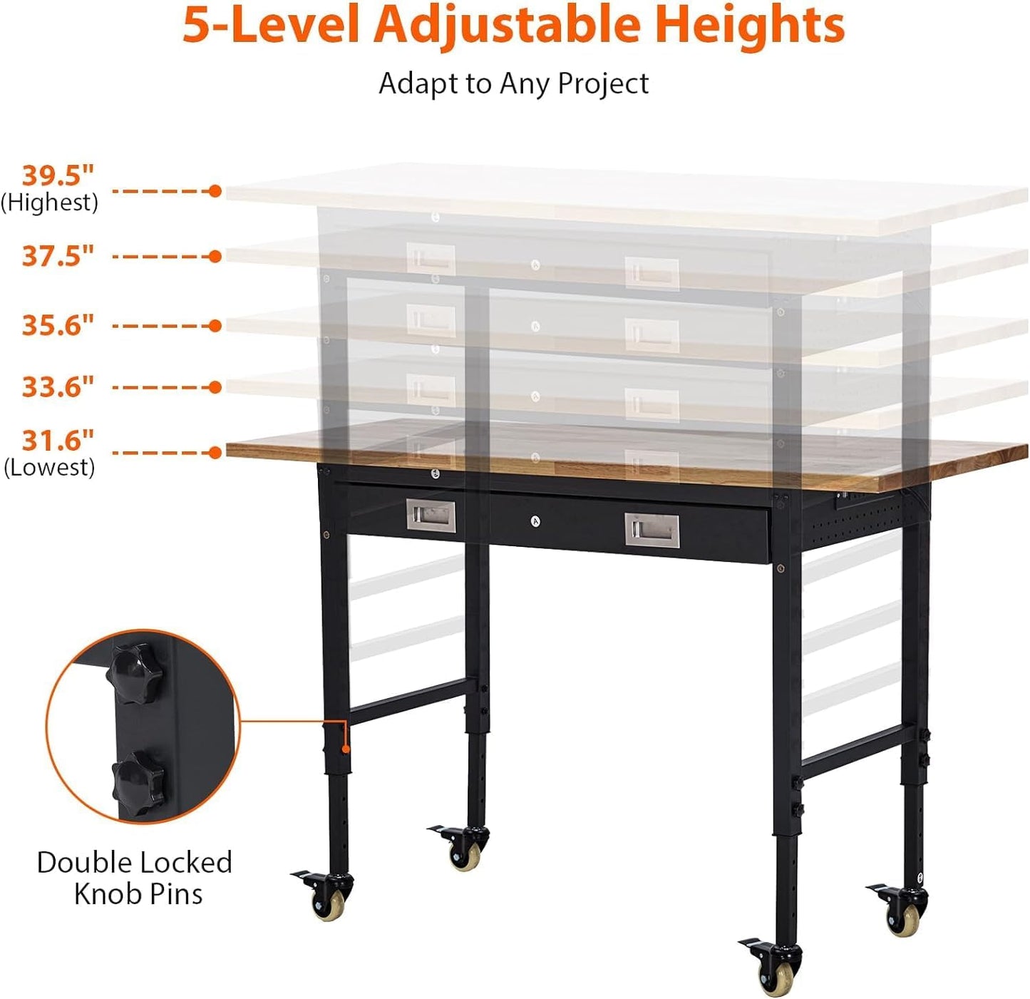 Workbench 60" x 22" Adjustable Height Worktable, Heavy Duty Rubber Wood Top, 2000 LBS Load Capacity, Tool Storage Workstation with Drawer, Pegboard, Power Outlets & Lockable Wheels, with Drawer Back