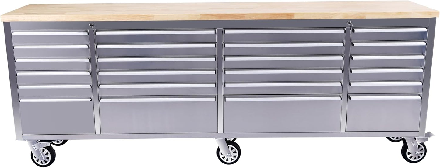 61 inch Rolling Tool Chest, Garage Workbench with 15 Drawers, Solid Rubber Wood Top & with Wheels Lock Key Locking, Mobile Workstation Tool Cabinet for Workshop Storage