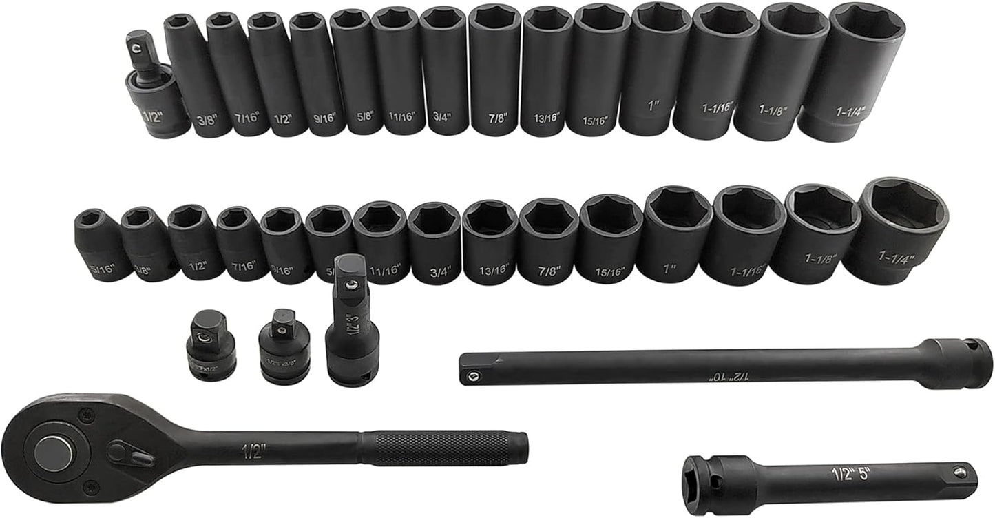 70pcs 1/2" Drive Impact Socket Set, Cr-V Steel, SAE & Metric, Standard/Deep Sockets with 72 Teeth Ratchet Handle, Extension Bar, and Adapters