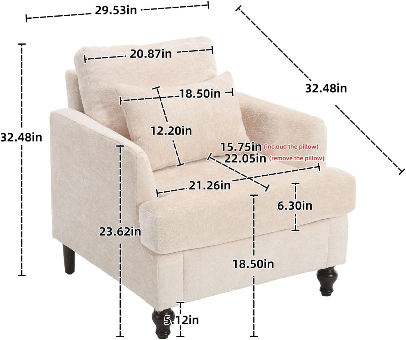 Chenille Accent Chair Set of 2, Mid-Century Modern Living Room Chair Wood Frame Armchair with Pillow Comfy Lounge Chair for Club Bedroom Office, White