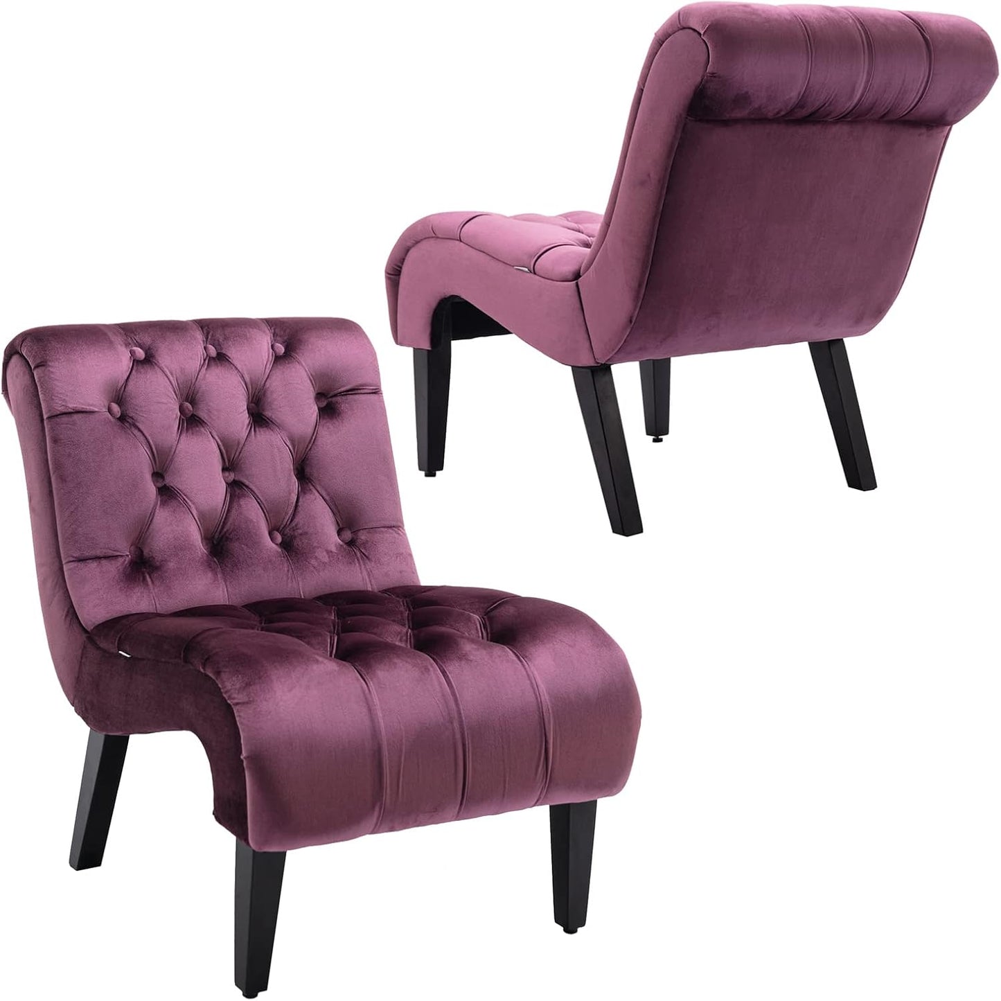 Comfy Velvet Accent Chair Set of 2, Upholstered Armless Side Chair for Living Room, Modern Small Lounger with Tufted Back and Rolled Edge Design, Comfy Chaise Lounge with Rubber Wood Legs, Beige