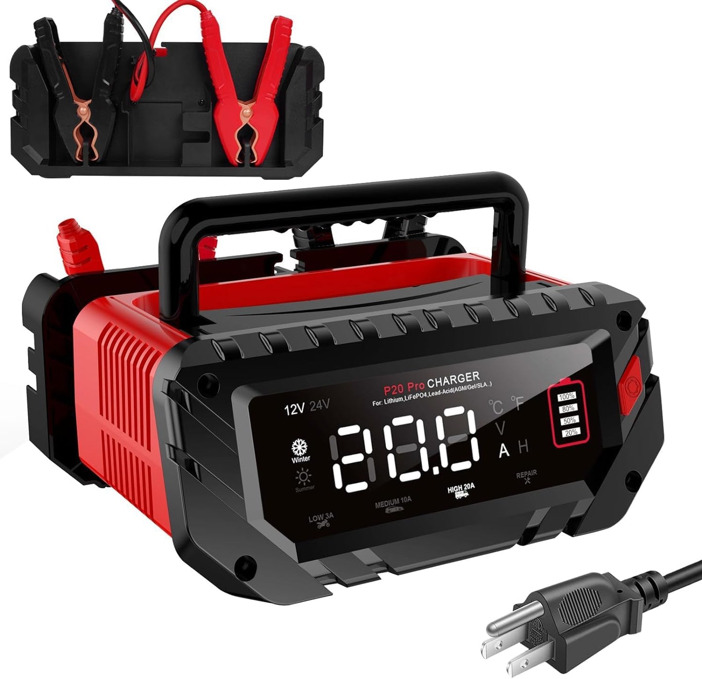 30 Amp 6V/12V/24V Smart Trickle Charger, Car Battery Charger, Lithium, Lifepo4, Lead Acid (AGM/Gel/SLA) Battery Maintainer, Desulfurizer, For: Car, Boat, Motorcycle, Lawn Mowers
