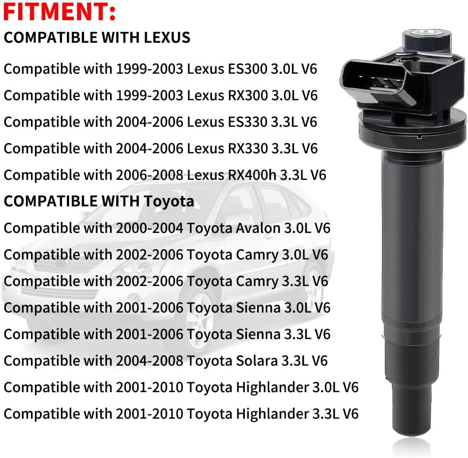 Set of 6 Ignition Coils UF267 and 4504 Iridium Spark Plugs Compatible with 1999-2018 Lexus Toyota Lexus ES300 RX300 ES330 RX330 Sienna Highlander Avalon Camry Solara 3.0L 3.3L V6