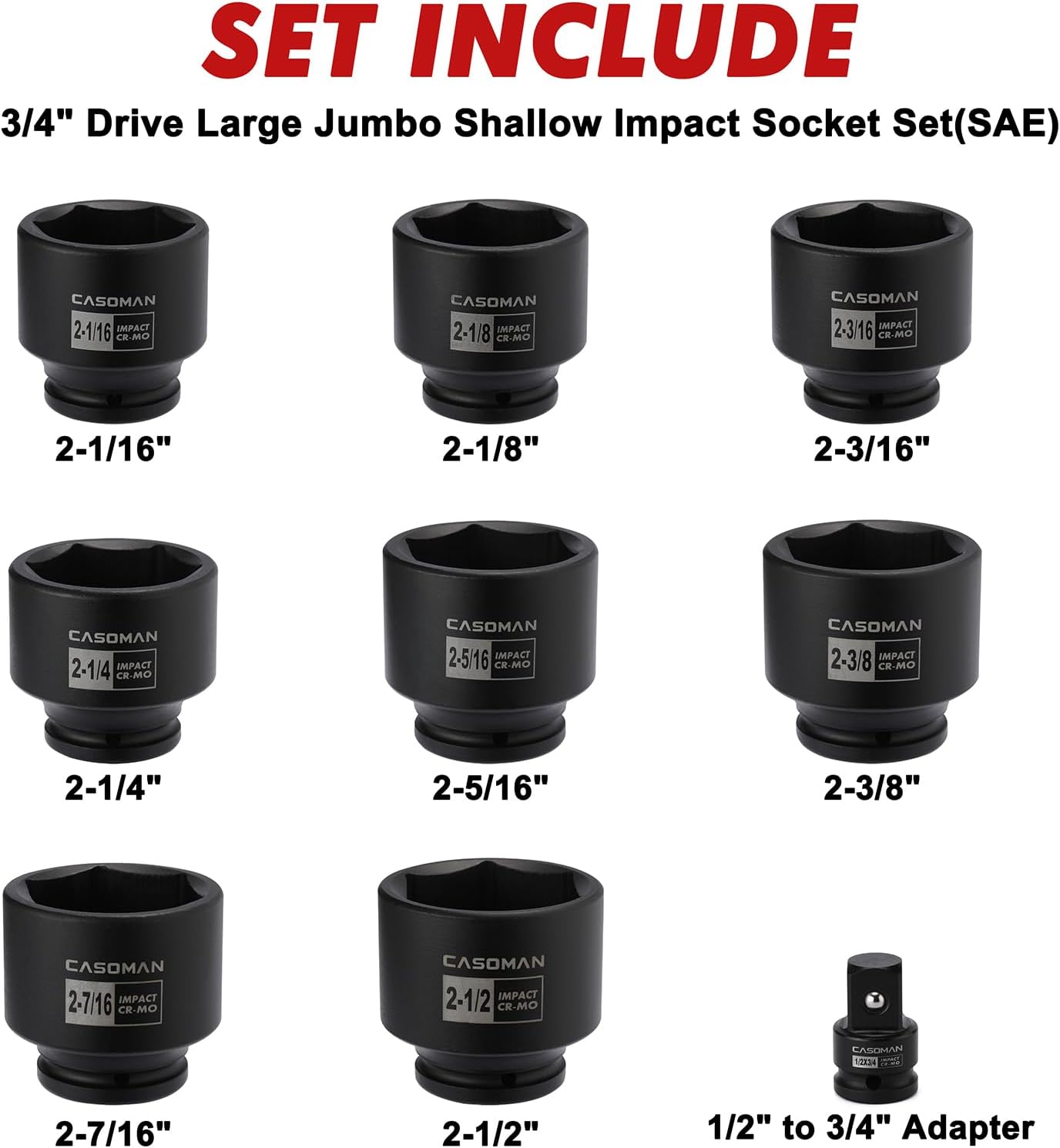 CASOMAN 9PCS 3/4" Drive Spindle Axle Nut Impact Socket Set, Include 1/2" to 3/4" Adapter, 6 Point, CR-MO, 2-1/16" to 2-1/2", Large Socket Set, Heavy Duty Use In Removing And Installing Axle Nuts