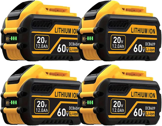 60V 12Ah 4-Pack Replacement Battery- High-Capacity Lithium-Ion for DCB612 DCB606 DCB609 Tools- Compatible with Dewalt 20V/60V Power Tools- Extended Runtime & Overload Protection