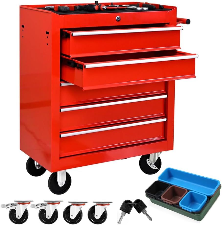 7 Drawer Tool Chest with Wheels,Metal Locking Rolling Tool Box with Tool Organizer Trays for Tool Storage Organizer,Portable Standing Mechanic Toolbox for Garage,30 in Tall Tool Cabinet Blue