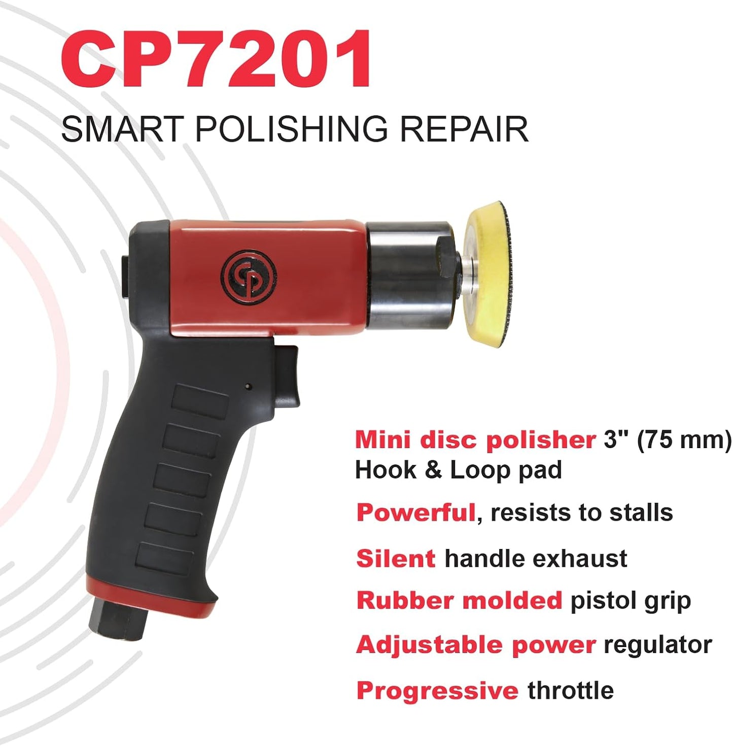 Chicago Pneumatic CP7201-3 Inch (75 mm) Air Polisher, Pistol Handle, Hook & Loop - 2,500 RPM