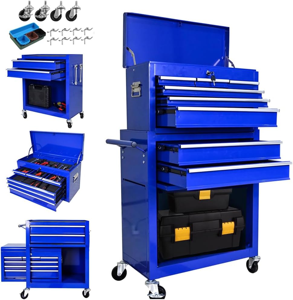 7 Drawer Tool Chest with Wheels,Metal Locking Rolling Tool Box with Tool Organizer Trays for Tool Storage Organizer,Portable Standing Mechanic Toolbox for Garage,30 in Tall Tool Cabinet Blue