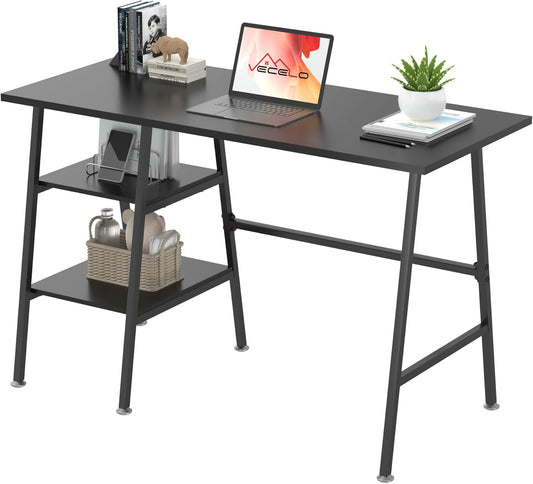 VECELO 43.1 Inch Computer Desk Home Office Black Study Desk Work Office Table with Shelves Wooden Desk for Bedroom