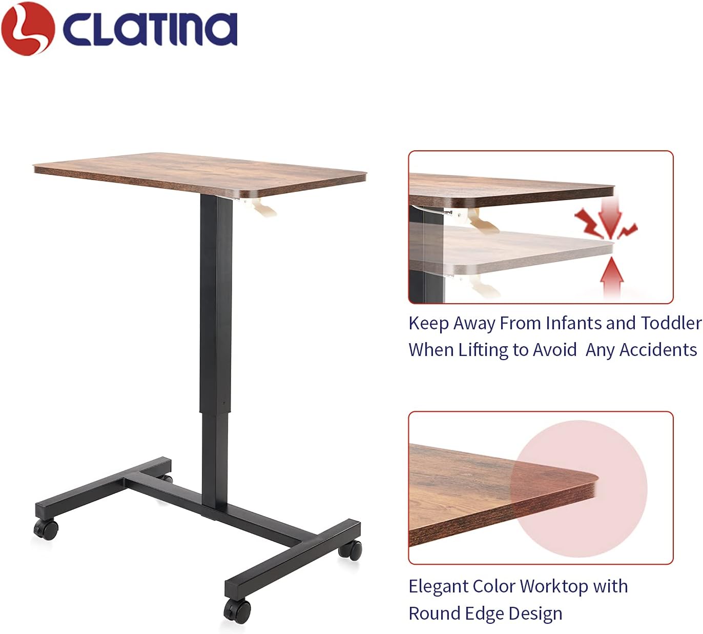CLATINA Round Edge Design Elegant Mobile Laptop Desk Pneumatic Sit to Stand Table, Height Adjustable Rolling Cart with Lockable Wheels for Home Office Computer Workstation, 28" x 19" Brown