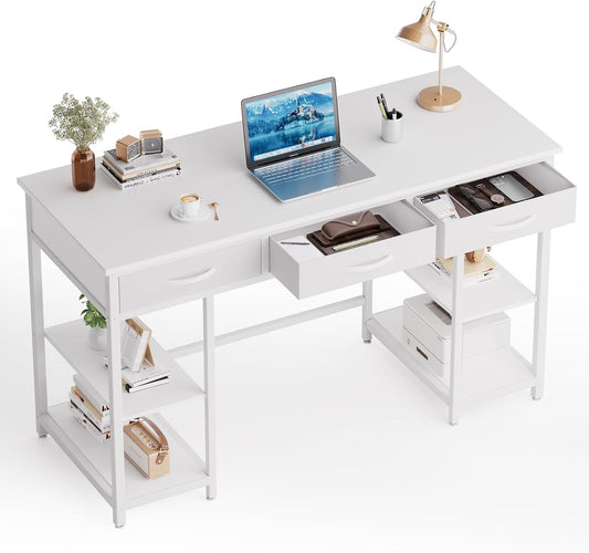 47-inch Computer Desk with 3 Drawers, Small Home Office Desk with Storage Shelves and Sturdy Metal Frame, White