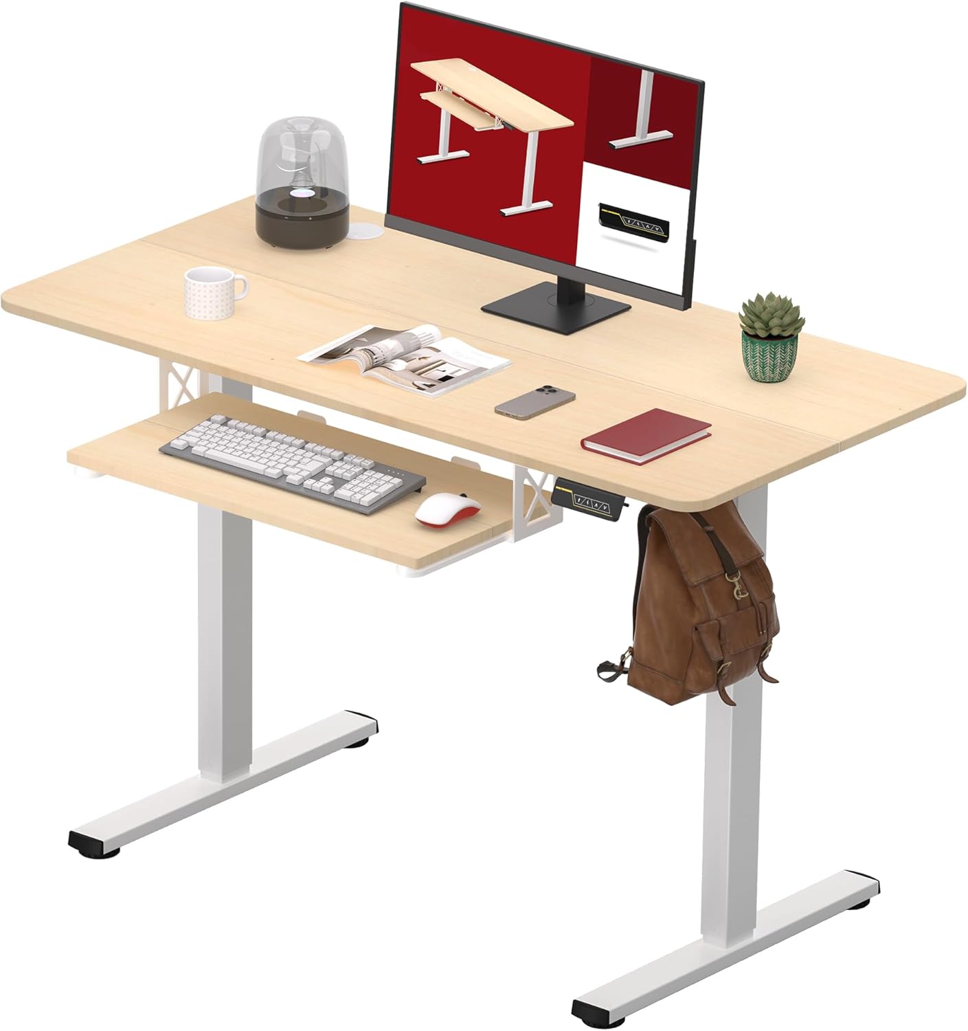 SANODESK Standing Desk with Keyboard Tray 48 × 24 Inches Electric Height Adjustable Desk,Sit Stand up Desk with Splice Board, Home Office Desk Computer Workstation,White Frame/Maple Top