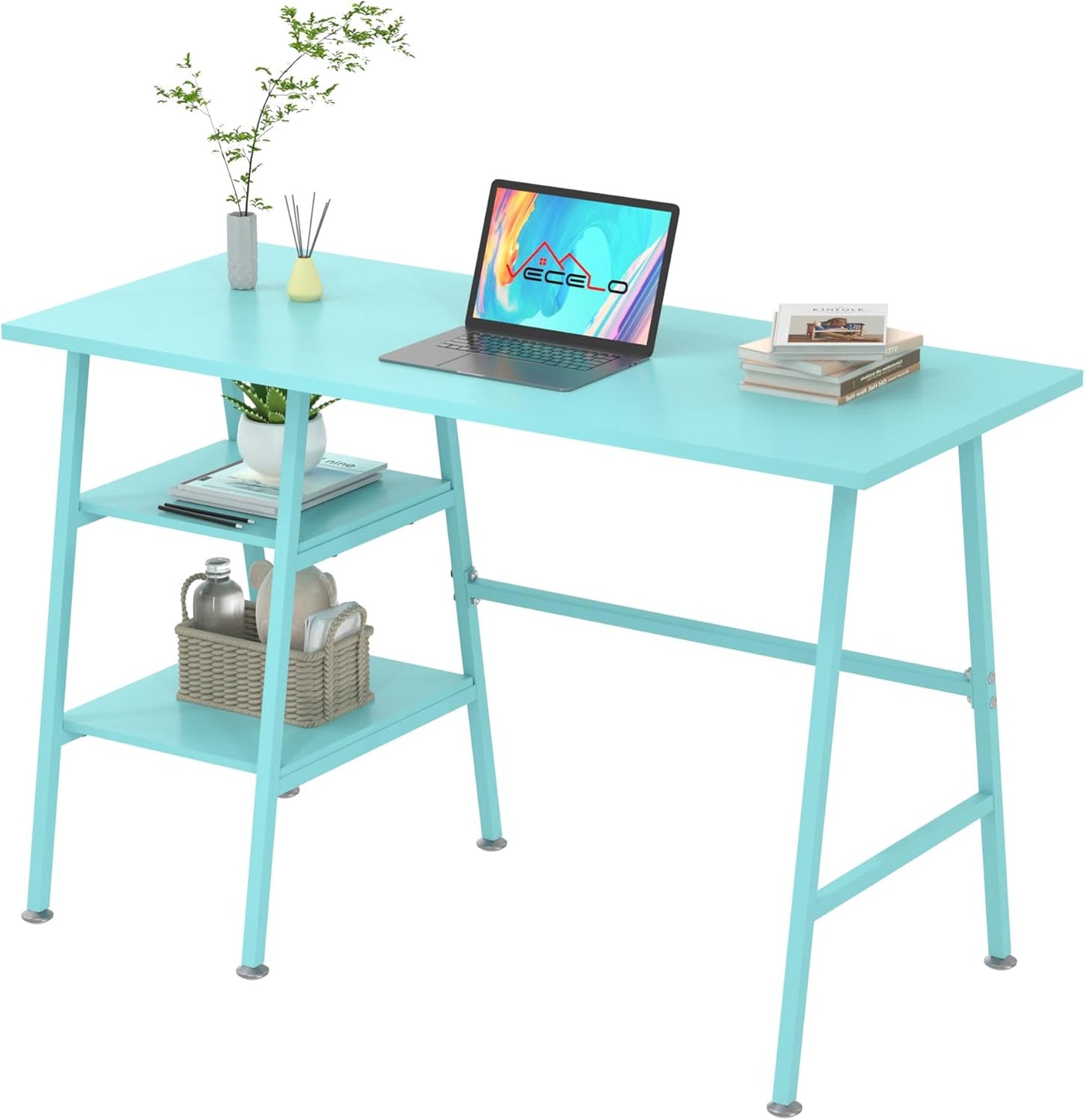 VECELO 43.1 Inch Computer Desk Home Office Black Study Desk Work Office Table with Shelves Wooden Desk for Bedroom