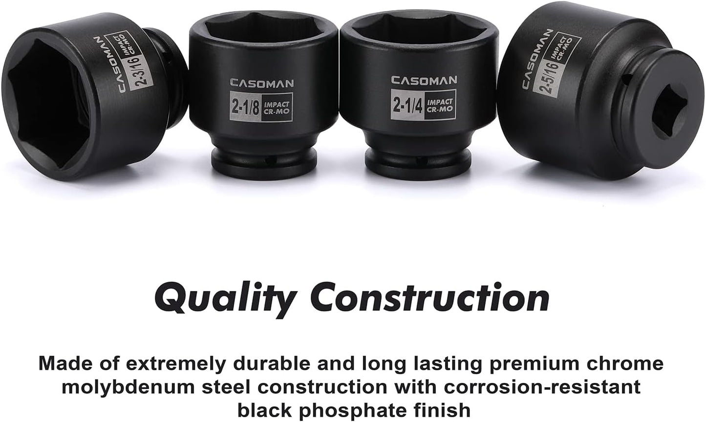 CASOMAN 9PCS 3/4" Drive Spindle Axle Nut Impact Socket Set, Include 1/2" to 3/4" Adapter, 6 Point, CR-MO, 2-1/16" to 2-1/2", Large Socket Set, Heavy Duty Use In Removing And Installing Axle Nuts