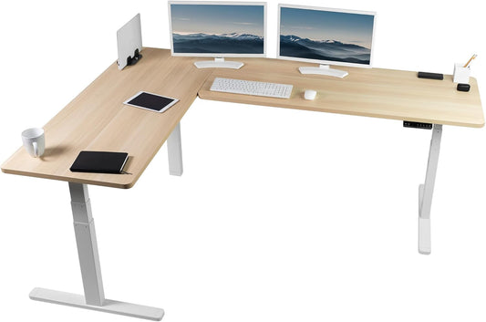 VIVO Electric Height Adjustable 83 x 60 inch Corner Stand Up Desk, 2 Light Wood Solid Table Tops, White Frame, Memory Controller, L-Shaped Workstation, 3E Series, DESK-KIT-3E8C