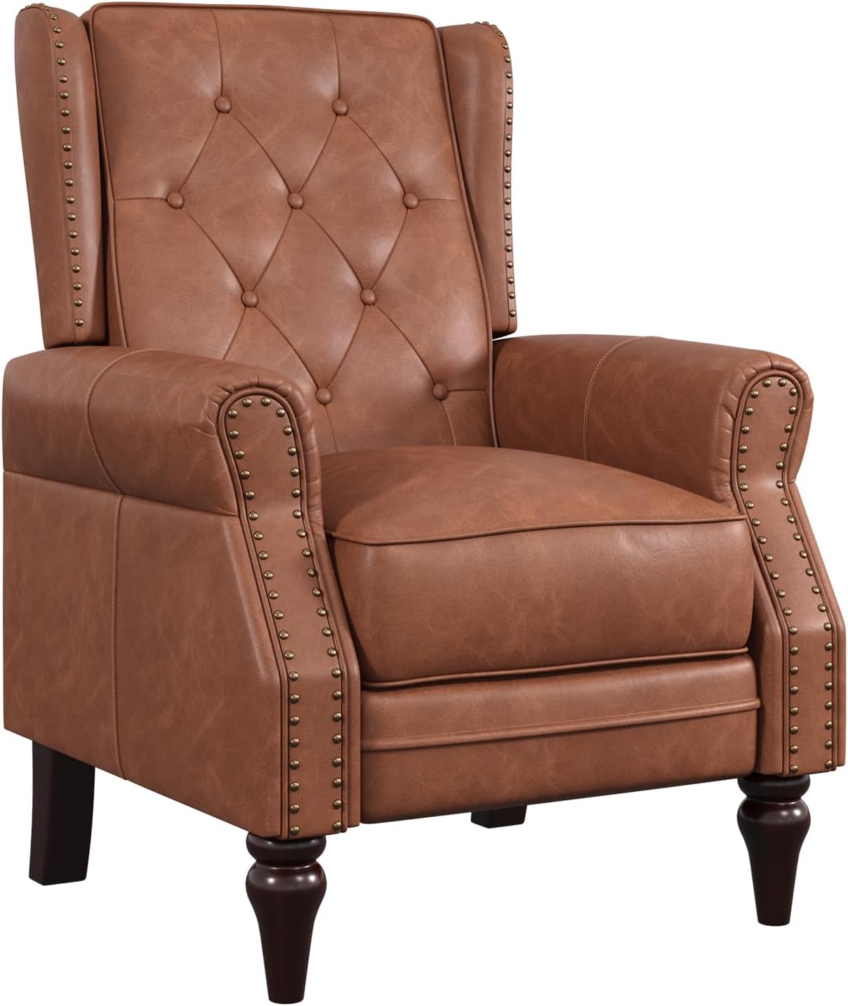 Small Recliner Chair, Modern Faux Leather Living Room Chairs with Tufted Buttons and Metal Rivets, Wingback Recliner with Wooden Legs, Comfy Pushback Arm Chair for Living Room, Bedroom, Matt Brown