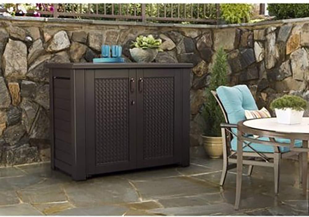 Rubbermaid Decorative Outdoor Storage Cabinet (123 Gal), Weather Resistant, Brown, Organization for Home/Backyard/Pool Chemicals/Toys/Garden Tools/Porch/Patio Cushions