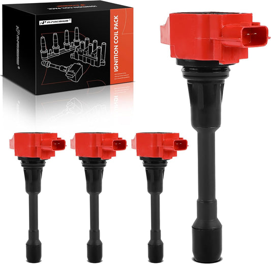 A-Premium (Red) Engine Ignition Coil Pack Compatible with Nissan Altima, Rogue, Sentra, Versa, Frontier, Pathfinder, Cube & Infiniti QX60, M56, QX70, Q70, FX50, Q70L & Suzuki Equator, 4-PC Set