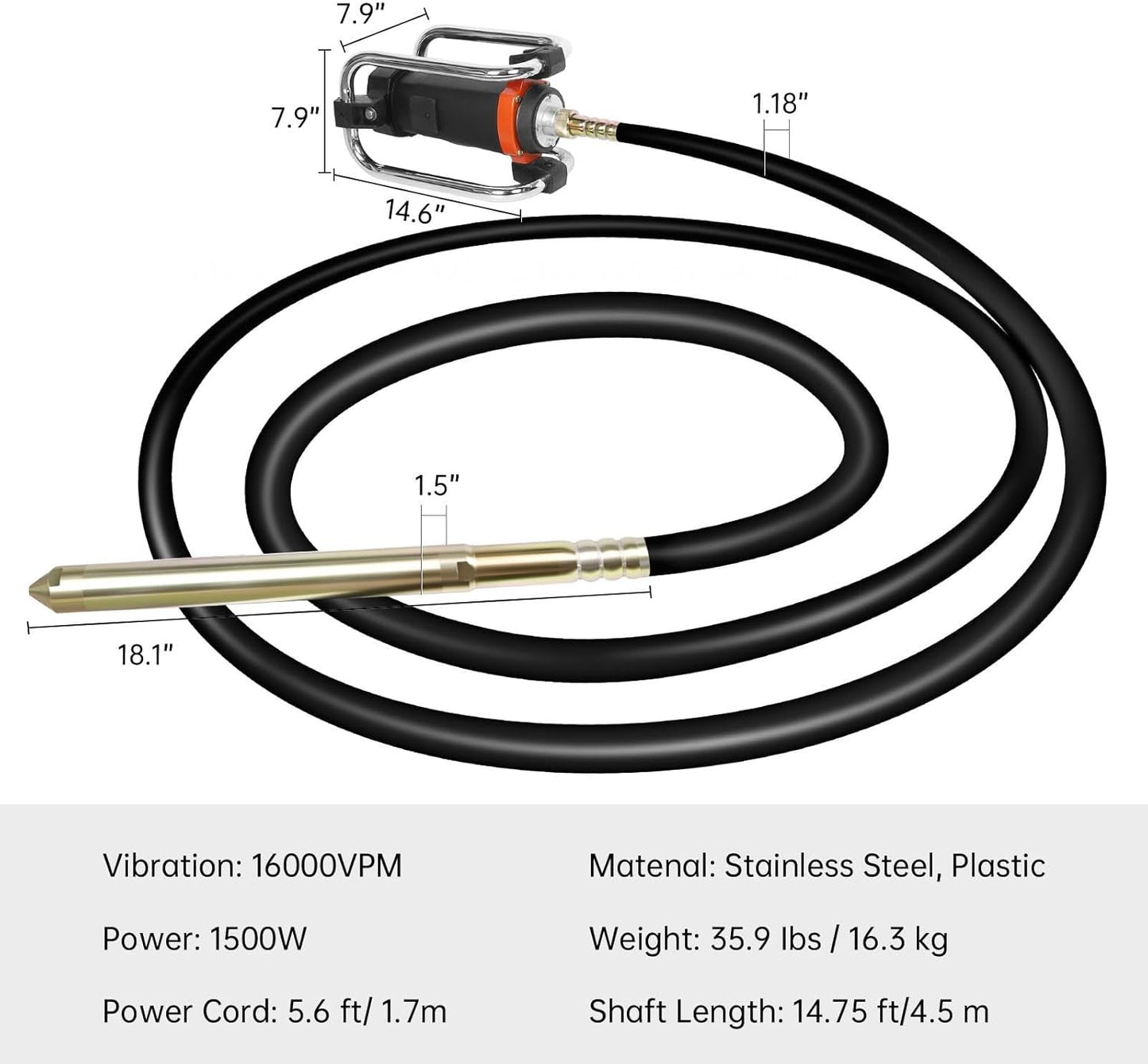 16,000 VPM Electric Concrete Vibrator, Concrete Vibrating Tool Equipped With 14.75FT Steel Vibrating Rod And Stainless Steel Roll Cage, Suitable For Removing Bubbles From Construction Cement