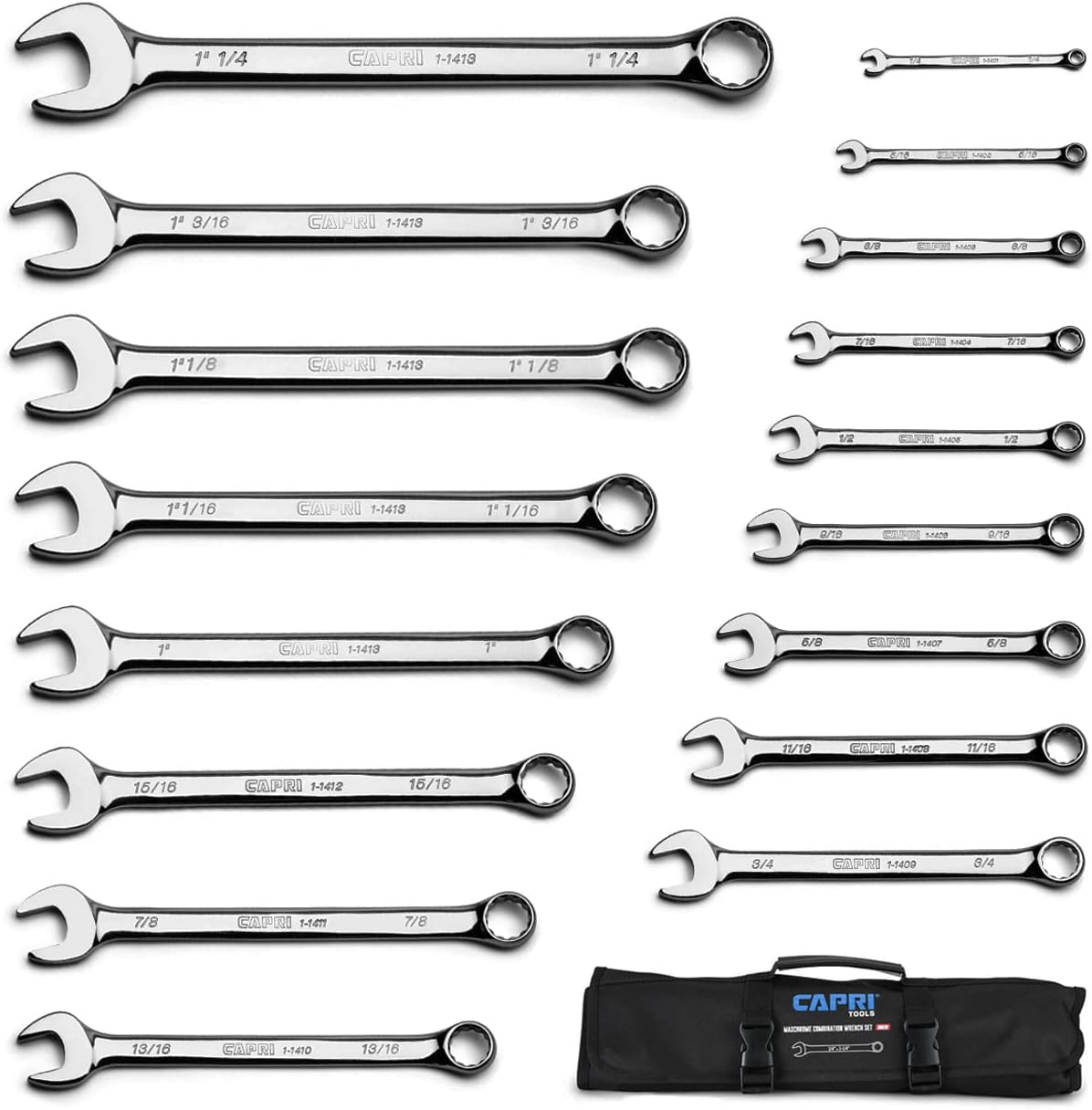 Capri Tools MaxChrome Combination Wrench Set, 6 to 24 mm, 19-Piece with Heavy-Duty Canvas Pouch
