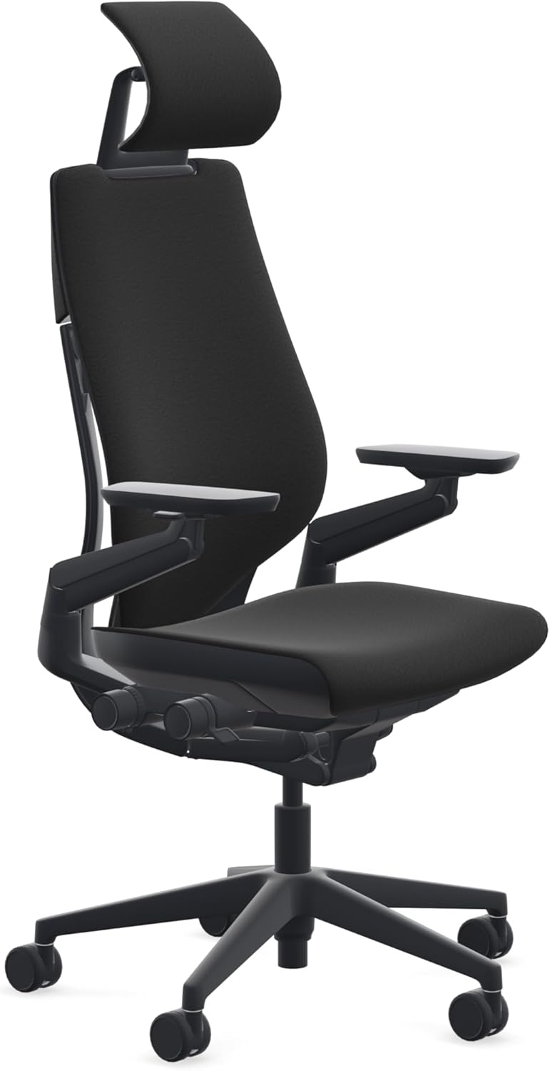 Steelcase Gesture Office Chair with Head Rest - Ergonomic Work Chair with Wheels for Hard Flooring - Comfortable Office Chair - Intuitive-to-Adjust Chairs for Desk - 360-Degree Arms - Licorice Fabric