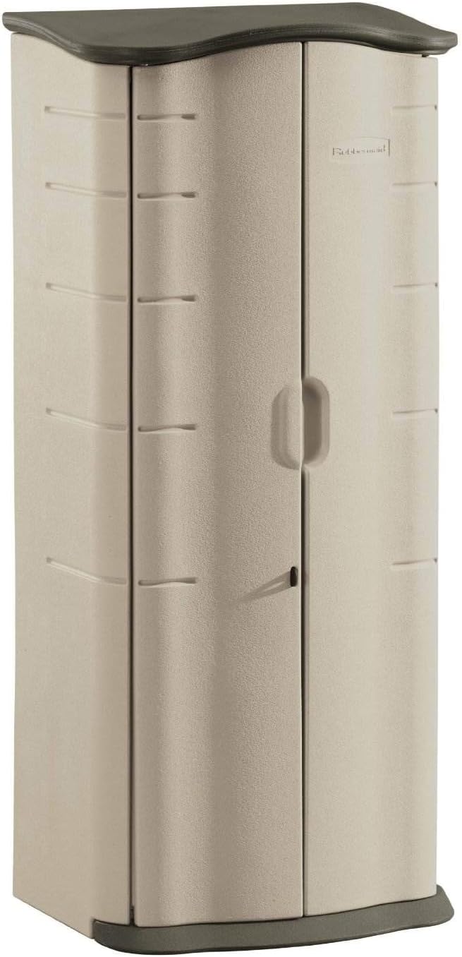 Rubbermaid Compact Vertical Resin Storage Shed With Floor (2 x 2.5 Ft), Weather Resistant, Beige/Brown, Organization for Home/Backyard/Garden Tools/Porch/Patio Cushions/Pool Chemicals/Toys