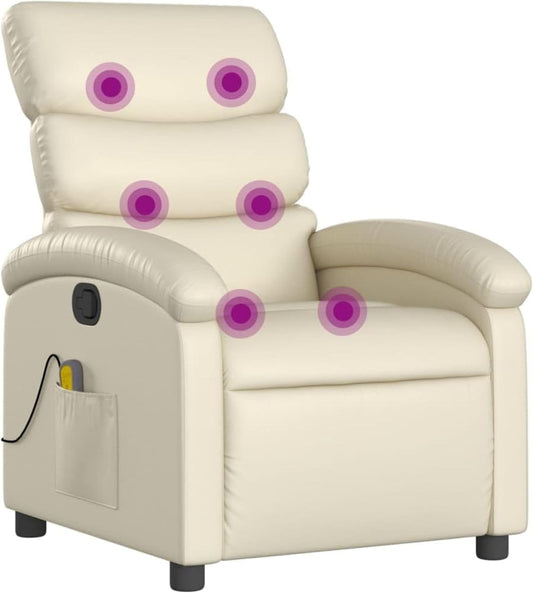 vidaXL Massage Recliner Chair for Adults, Single Theater Seating with Vibration Massage & Manually Adjustable Backrest/Footrest, Modern Reclining Sofa for Living Room, Cream Leather