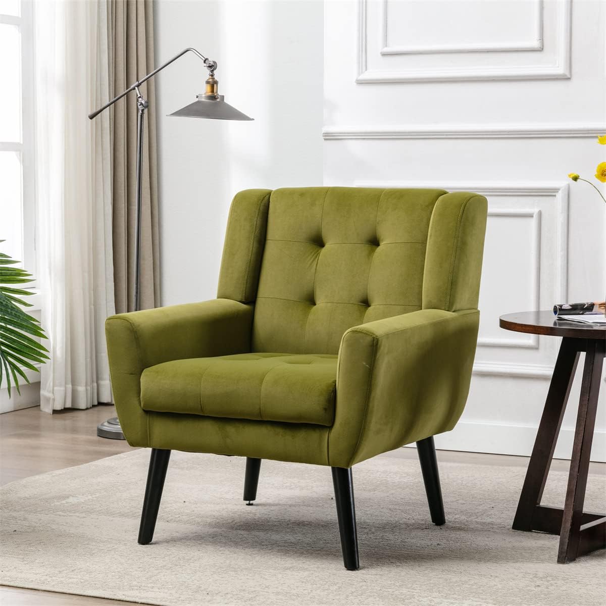 Velvet Accent Armchair,Upholstered Fabric Living Room Chair Ergonomics Chair Home Chair with Solid Black Legs,Tufted Back Decorative Chair Reading Chair for Indoor Home Living Room,Pink