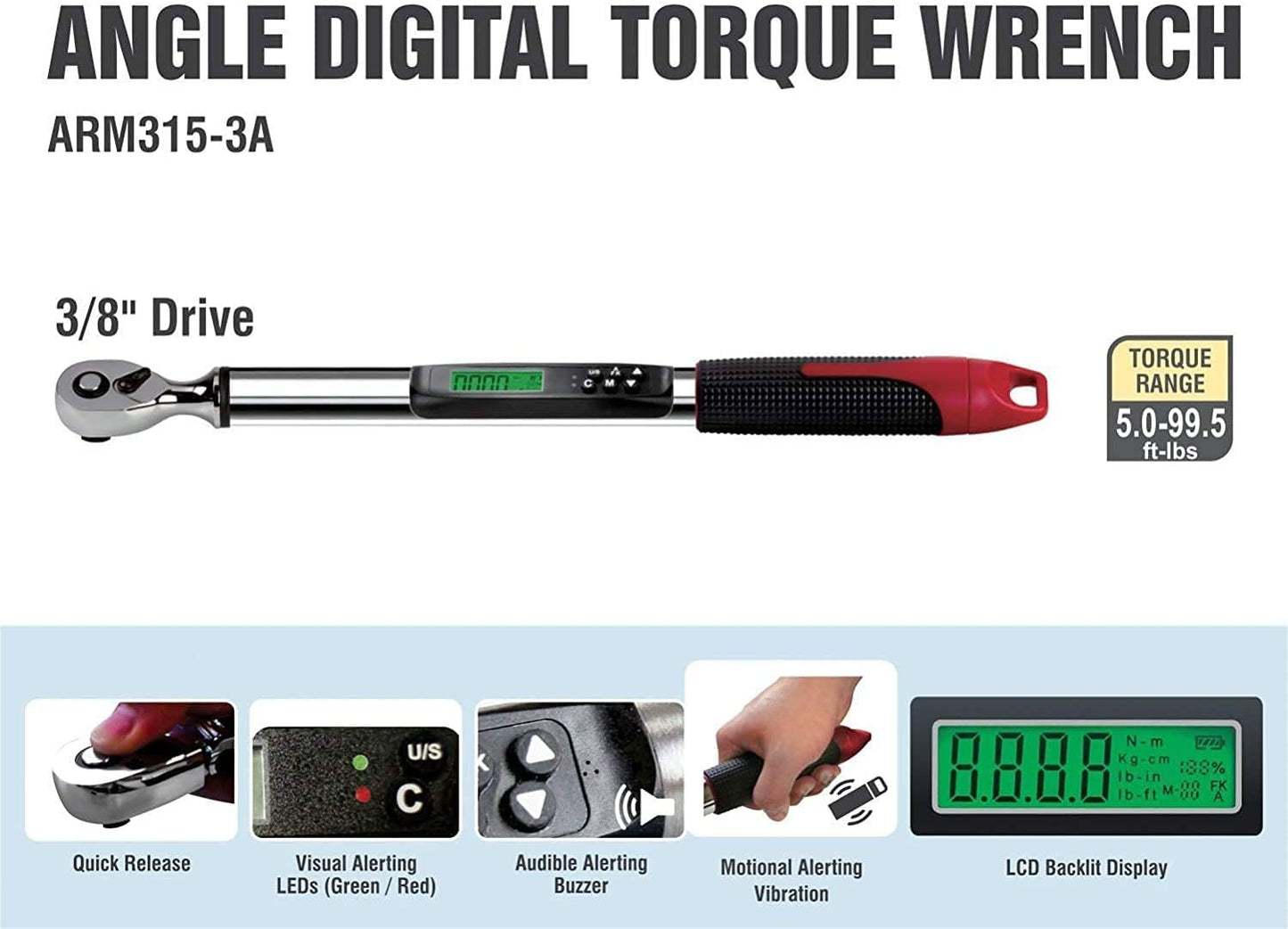 ARM315-3A 3/8 Inch Heavy Duty Angle Digital Torque Wrench with LED Flash Notification - ISO 6001 Standards with Certificate of Calibration