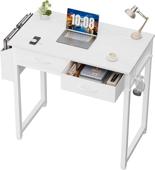 Sweetcrispy Small Desk with Fabric Drawers for Bedroom Home Office, 32 Inch Computer Gaming Desk Writing Study PC Table with Side Bag Headphone Hook Metal Frame Adjustable Feet,Pure White