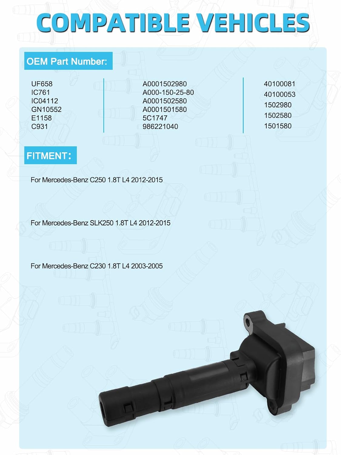 Set of 4 UF658 Ignition Coil Pack (1.8T L4) For Mercedes Benz C250 SLK250 2012-2015,C230 2003-2005,Replace # IC761 A0001502580 GN10552