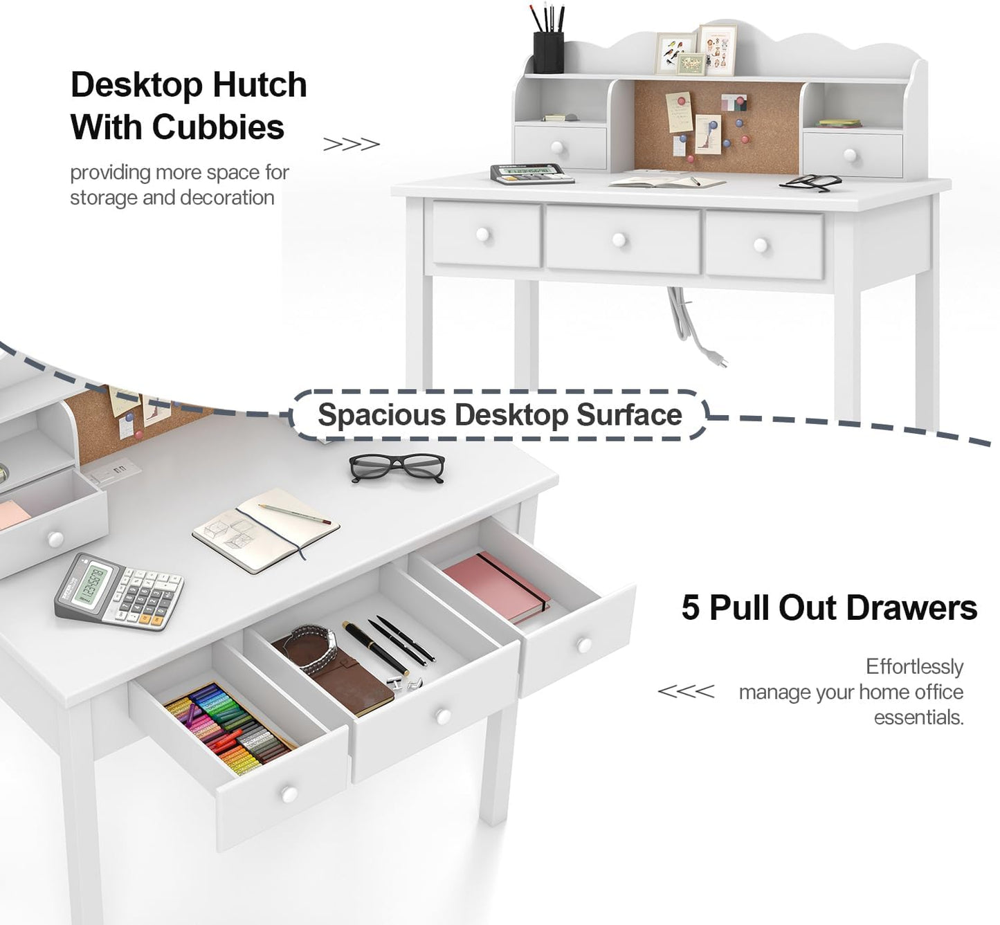 White Writing Desk with Hutch and Drawers, 36 Inch Home Office Desk with Charge Station, Computer Work Station with Storage Shelf