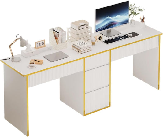 4 EVER WINNER Two Person White Desk with Drawers, 78.72 Inch Extra Long Computer Desk with 5 Storage Drawers, Study Writing Desk with Storage Shelves for Home Office, White and Gold Desk