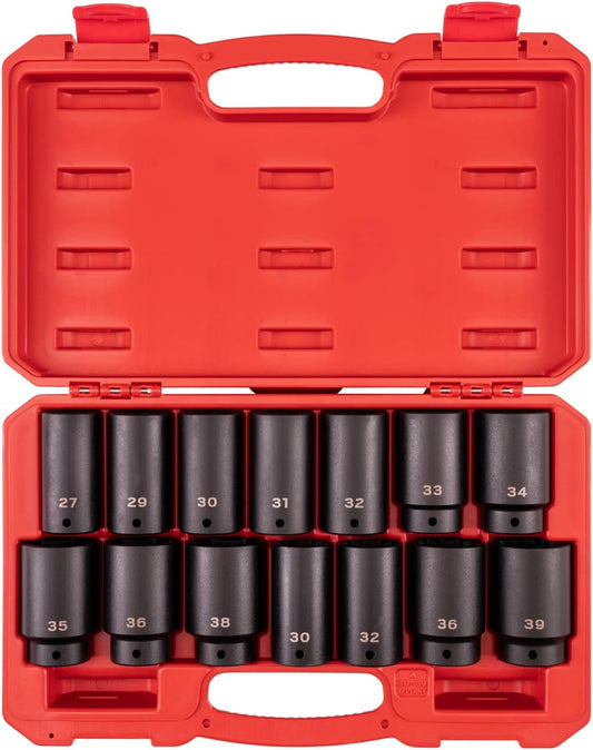 TEKTON 1/2 Inch Drive Deep 6-Point and 12-Point Axle Nut Impact Socket Set with Case, 14-Piece (27-39 mm) | SID92341