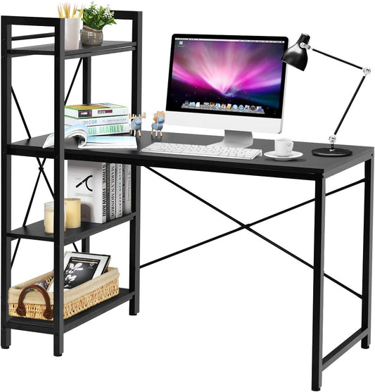 Tangkula Computer Desk with 4 Tier Shelves, Study Writing Table with Storage Bookshelves, Modern Compact Home Office Workstation, 47.5" Tower Desk with Steel Frame & Adjustable Feet Pad, Black
