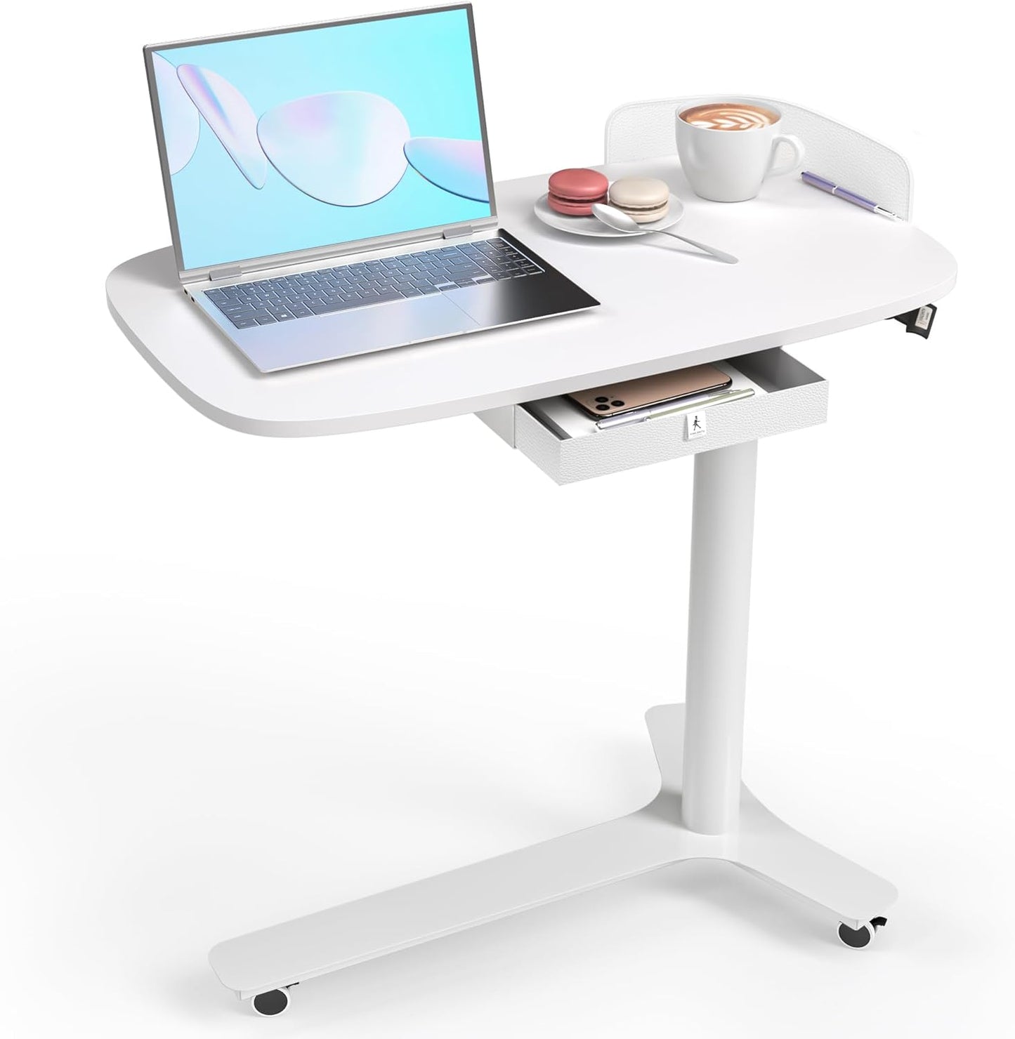 Rolling Desk Adjustable Height with Drawer and Wheels, Portable Small Standing Desk Pneumatic for Home Office, Mobile Computer Laptop Desk Cart, Medical Sofa Overbed Table, Oak