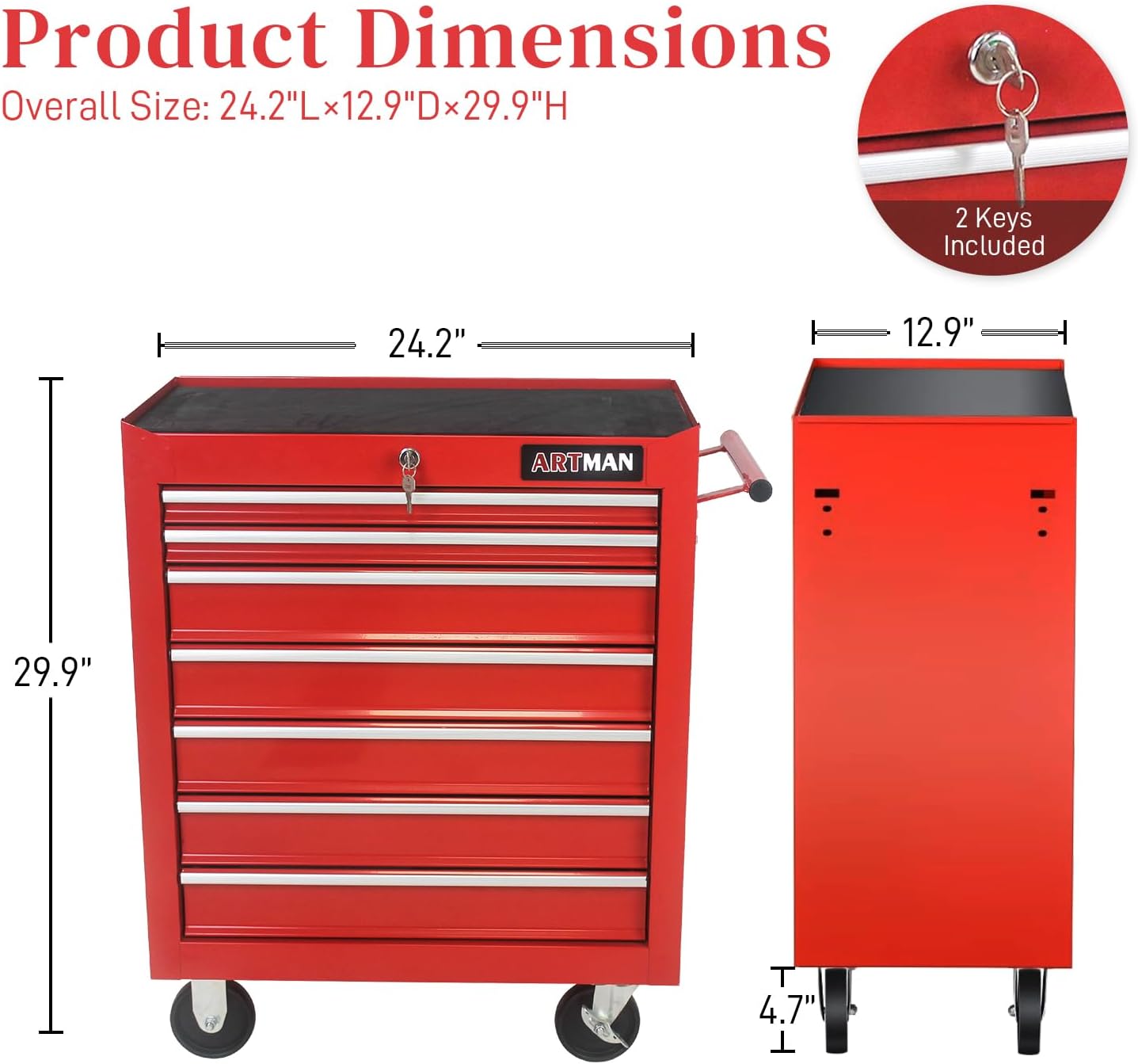 Rolling Tool Chest with 7-Drawer Tool Box with Wheels Multifunctional Tool Cart Mechanic Tool Storage Cabinet for Garage, Warehouse, Workshop, Repair Shop (Red)