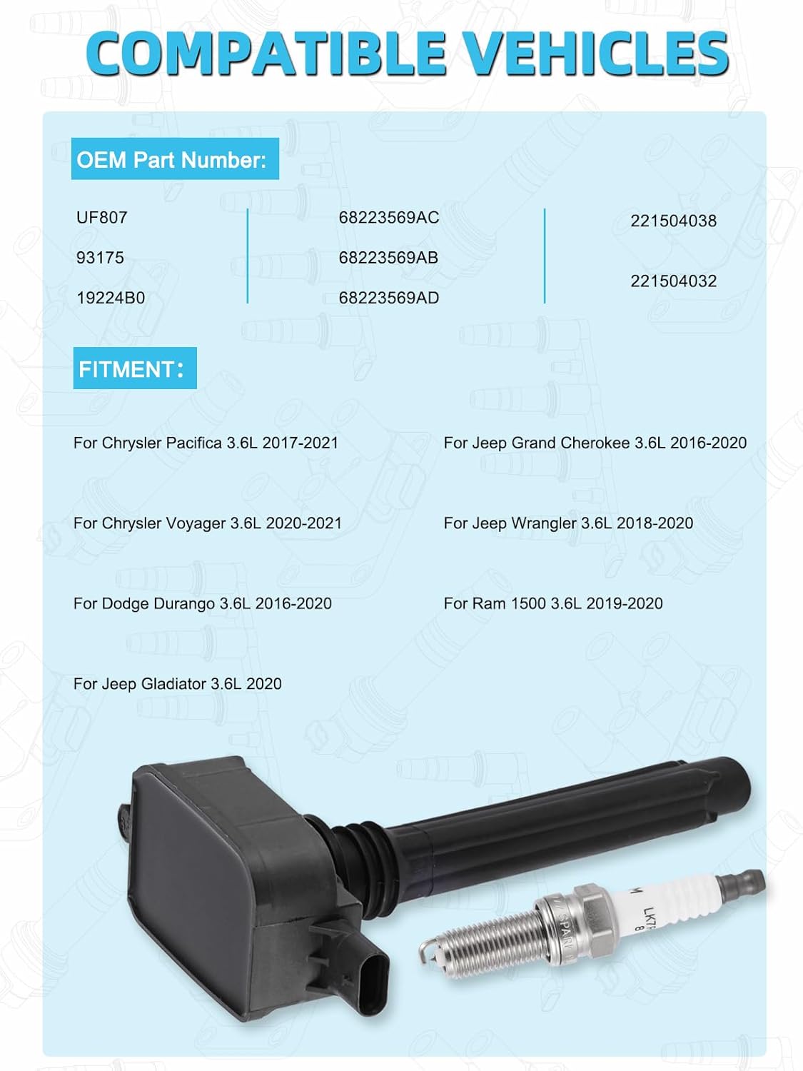 UF807 Ignition Coil 93175 Spark Plug For Chrysler Pacifica Voyager 2017-2021,For Dodge Durango 2016-2020,For Jeep Grand Cherokee Wrangler 2016-2020,For Ram 1500 2019-2020 Engine 3.6L,6 Pcs