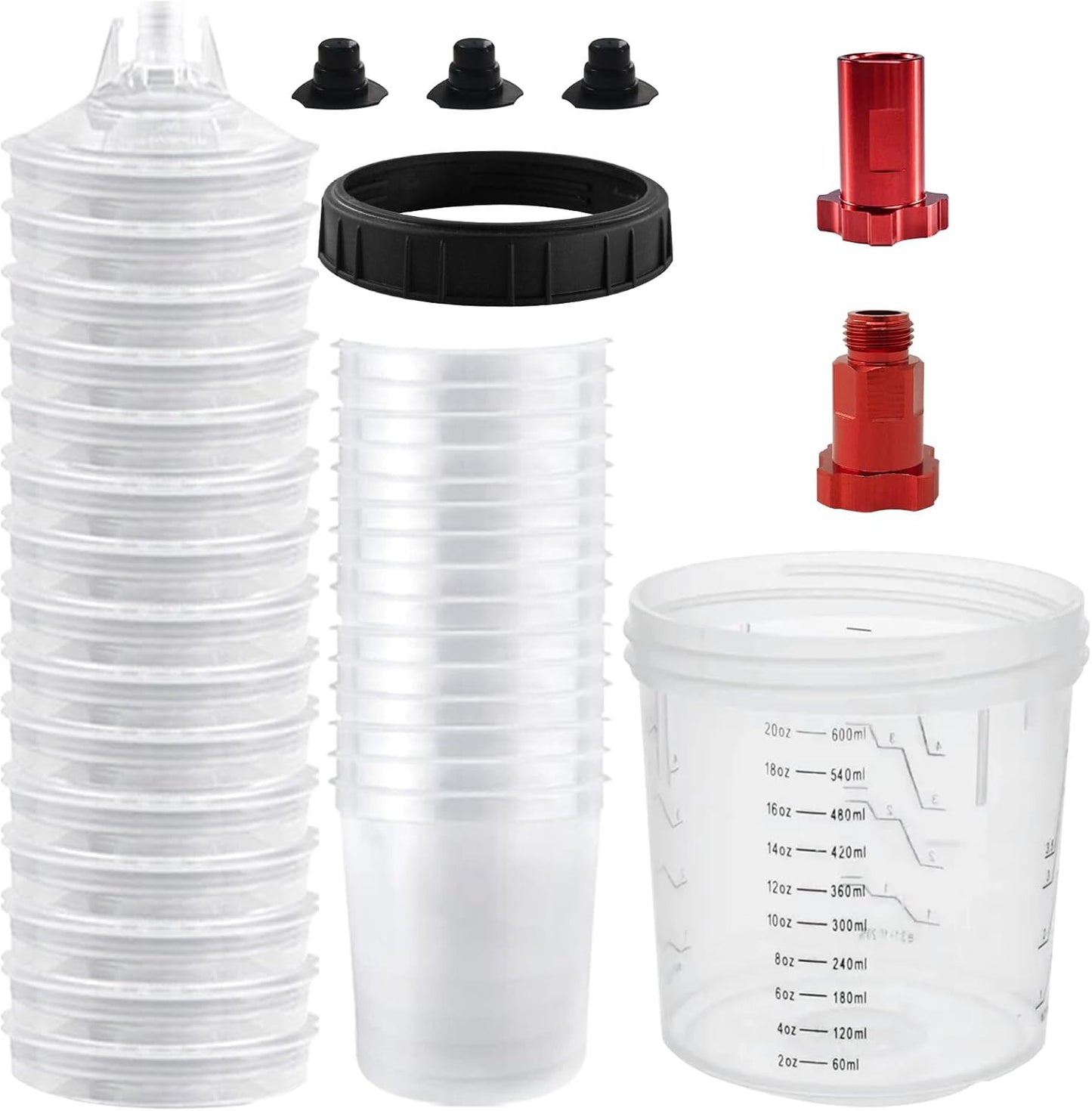 RRJ Disposable Paint Cup Spray Gun Cup, Paint System for LVLP and HVLP Spray Gun Kit 600 ML Mixing Cup with 50 Cups Liners and Lids, 1 Hard Cup with Retainer Ring, 2 Cup Adapter, Stirrer