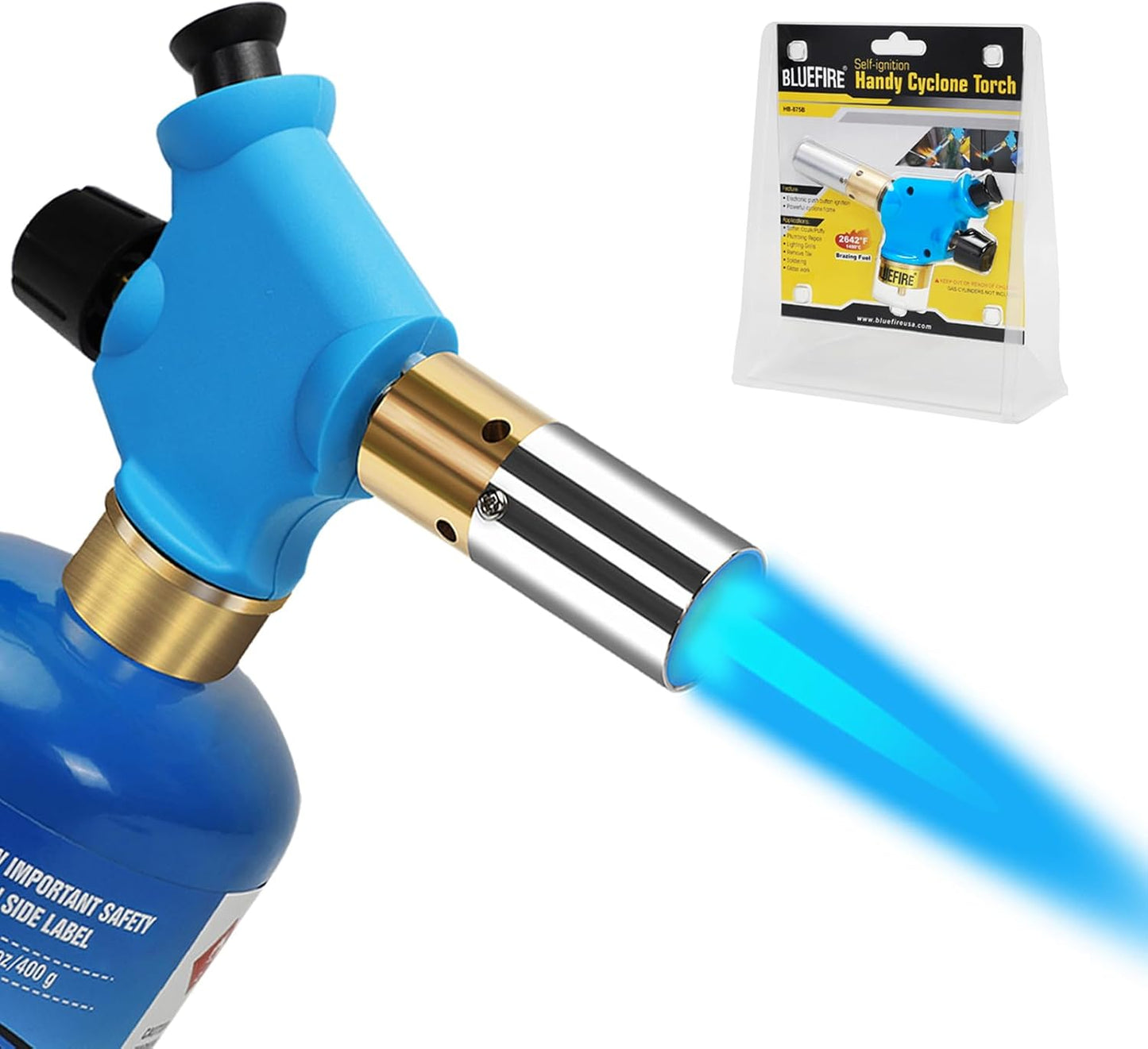 BLUEFIRE Handy Cyclone Torch Kit with Propane Cylinder Push Button Trigger Start Nozzle Head Fuel by Propane MAPP MAP PRO Gas Welding Soldering Brazing Cooking Glass Beads DIY