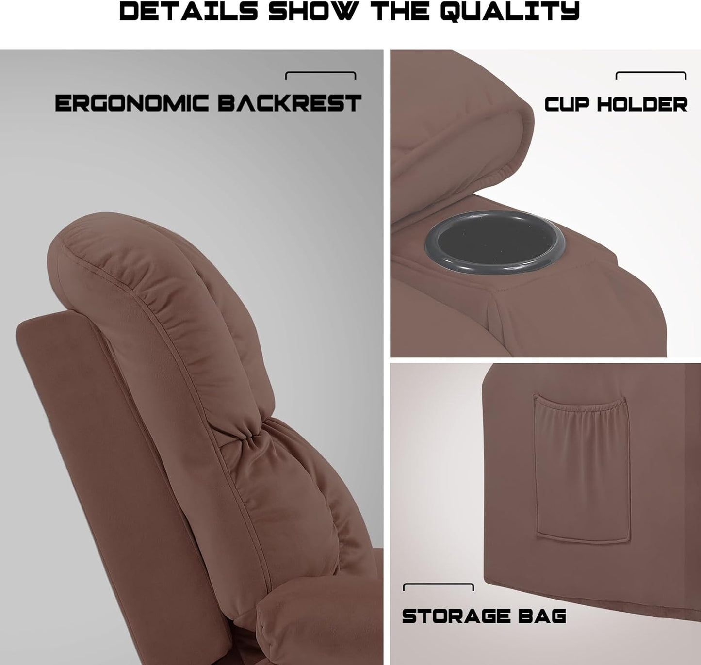 COMHOMA Recliner Chair, Swivel Rocker Recliner with Cup Holders, Heat and Massage, Fabric Recliners Sofa for Living Room (Brown)