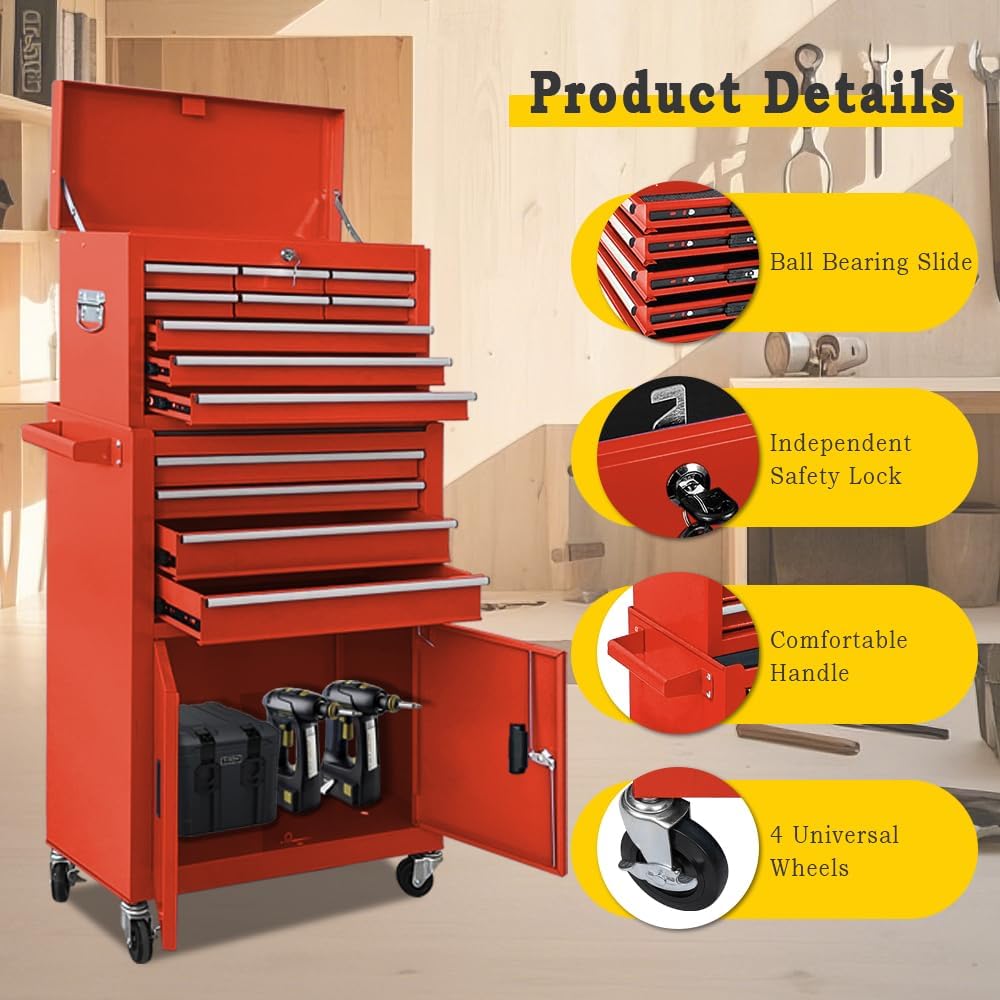 13-Drawer Rolling Tool Chest with Double Door Handle, 2 in 1 Detachable Tool Chest, Large Tool Storage with Wheels, Lockable Tool Cabinet for Garage, Barbershop-Red