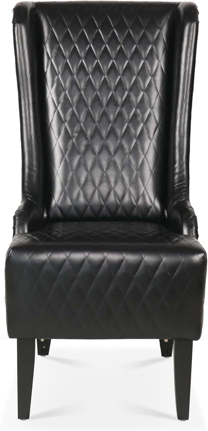 23.03" Wide Faux Leather High-Back Chair, Comfy High Wingback Chair, Living Room Chair with Soft Padded & Wooden Legs, Modern Side Chair for Living Room, Bedroom, Black