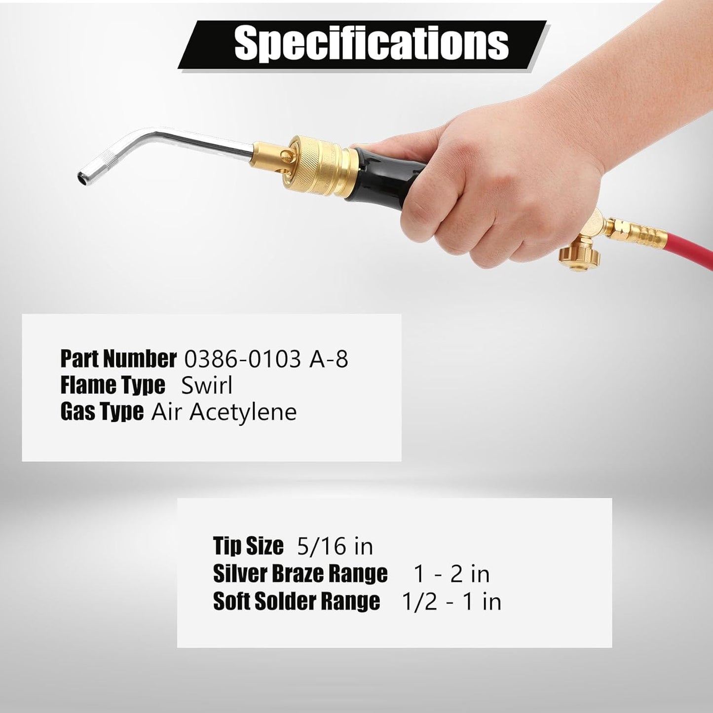 0386-0103 A-8 5/16" Air Acetylene Tip for Turbo Torch G-4 or PLF-A5 Handles, Soft Solder 1 to 2 in, Silver Braze 1/2 to 1 in, Manual Lighting, Quick Connect, Removable Orifice Screw