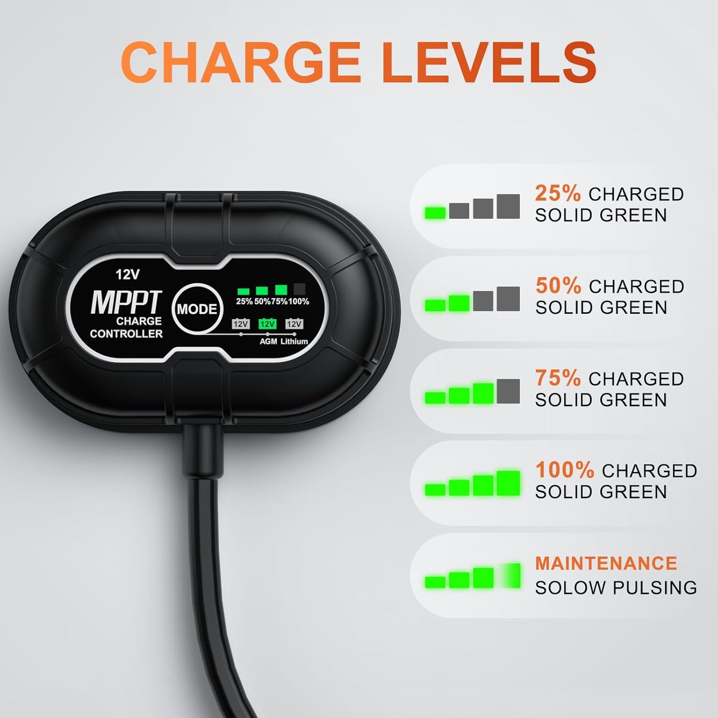 12V Waterproof Solar Battery Trickle Charger & Maintainer - 30 Watts Mono Solar Panel Built-in UltraSmart MPPT Charge Controller + Adjustable Mount Brackets for Pole Dia 1.5-3.0inch/40-80mm