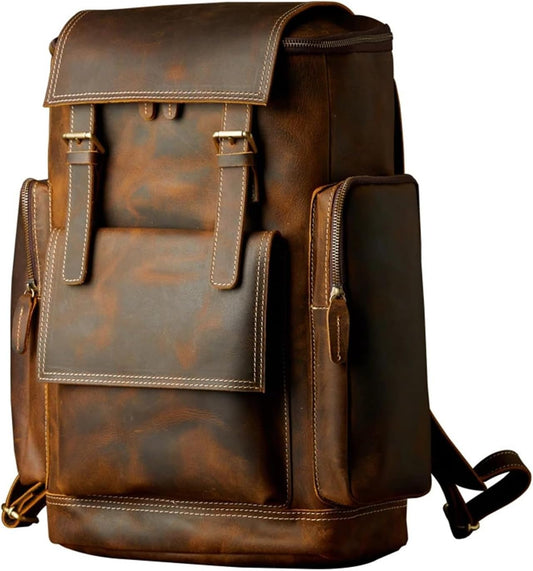 Vintage Genuine Leather Backpack for Men Handmade Shoulder Bag Cowhide Travel Bag Large Capacity Mens Retro Laptop Bag(Brown)