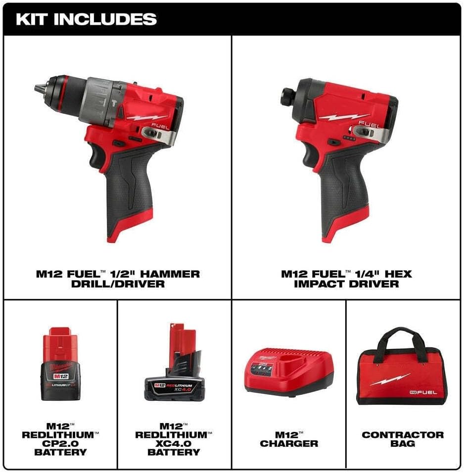 3497-22 For Milwaukee M12 FUEL 12V Cordless Li-Ion 2-Tool Combo Kit w/ 2 Batteries