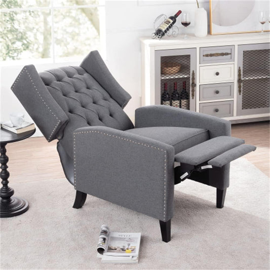 Arm Pushing Recliner Chair, Modern Button Tufted Wingback Manual Push Back Recliner Chair with Nailhead Trim & Wood Legs, Upholstered Living Room Chair Single Reclining Sofa Home Theater Seating Grey