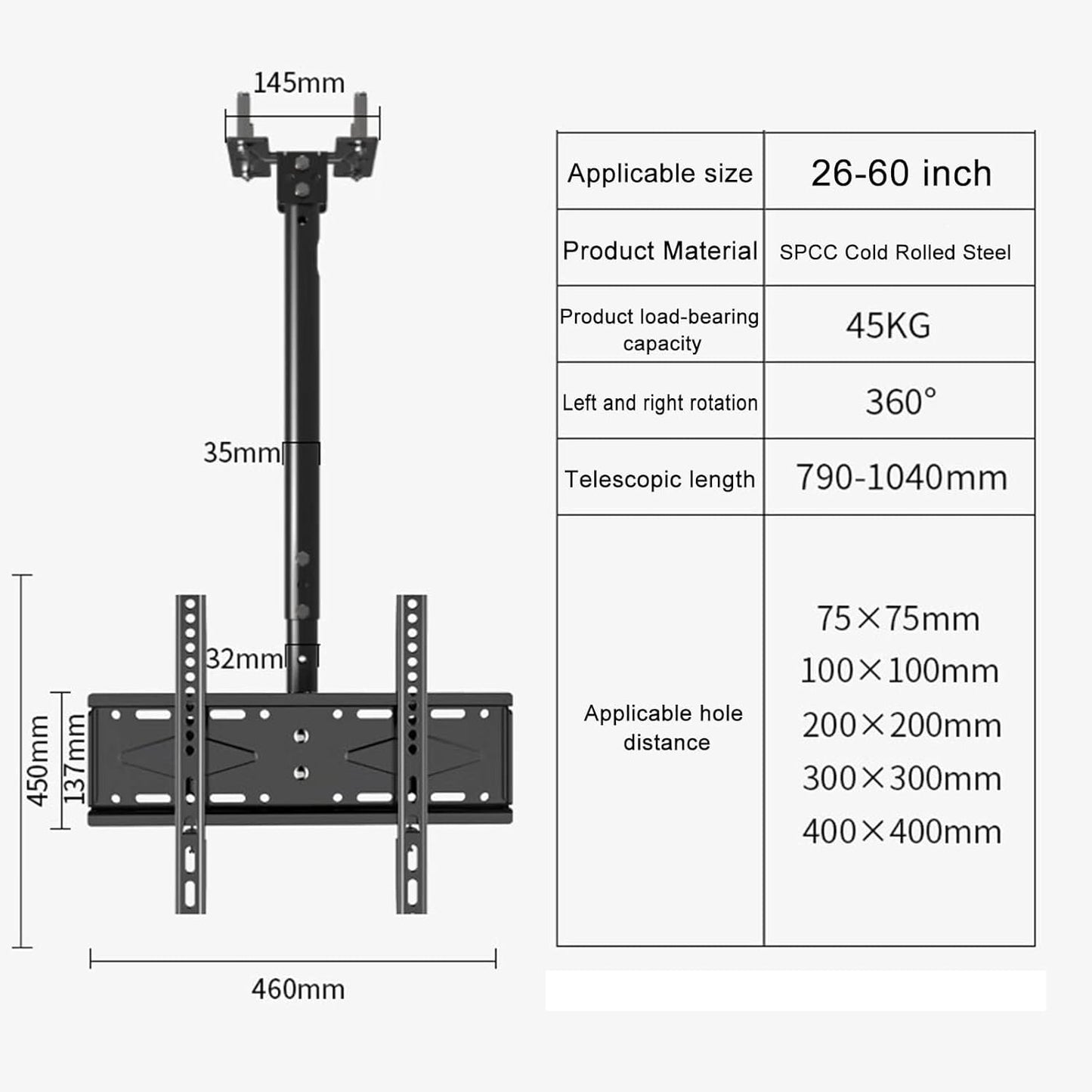 360 Deg Rotation Tilt Swivel TV Mount, Ceiling TV Mount, Fits 26-60 Inch TVs, VESA Max 400x400mm, Load 50Kg/110Lbs(4M)