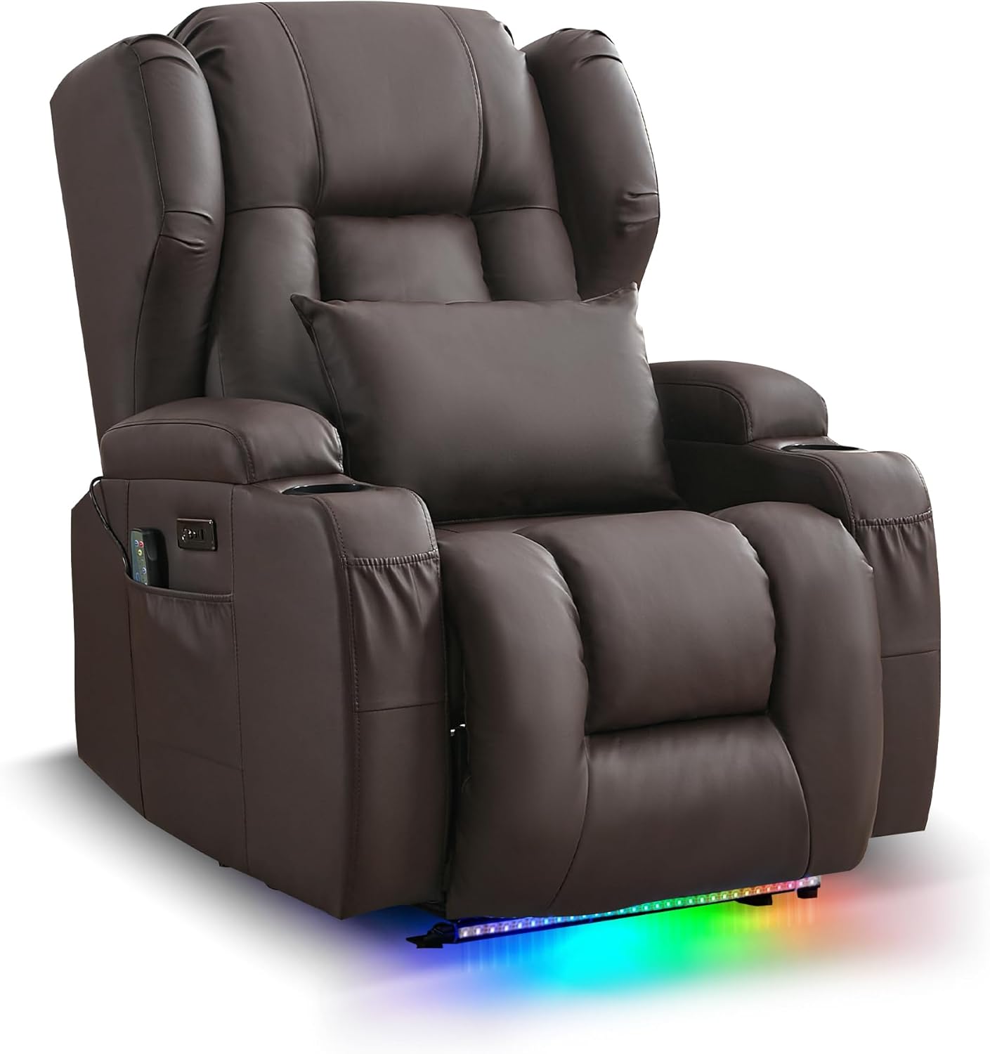 URRED Recliner Chair for Adults, Power Reclining Sofa Chair Home Theater Seating with Vibration Massage and Heat, LED Ambient Light, USB Ports, Cup Holders, Side Pockets (Black)